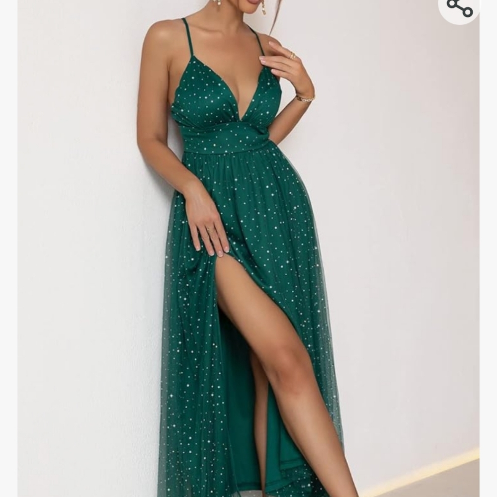 PROM EVENING GOWN Dark Green/Rhinestone Spaghetti Straps NWT